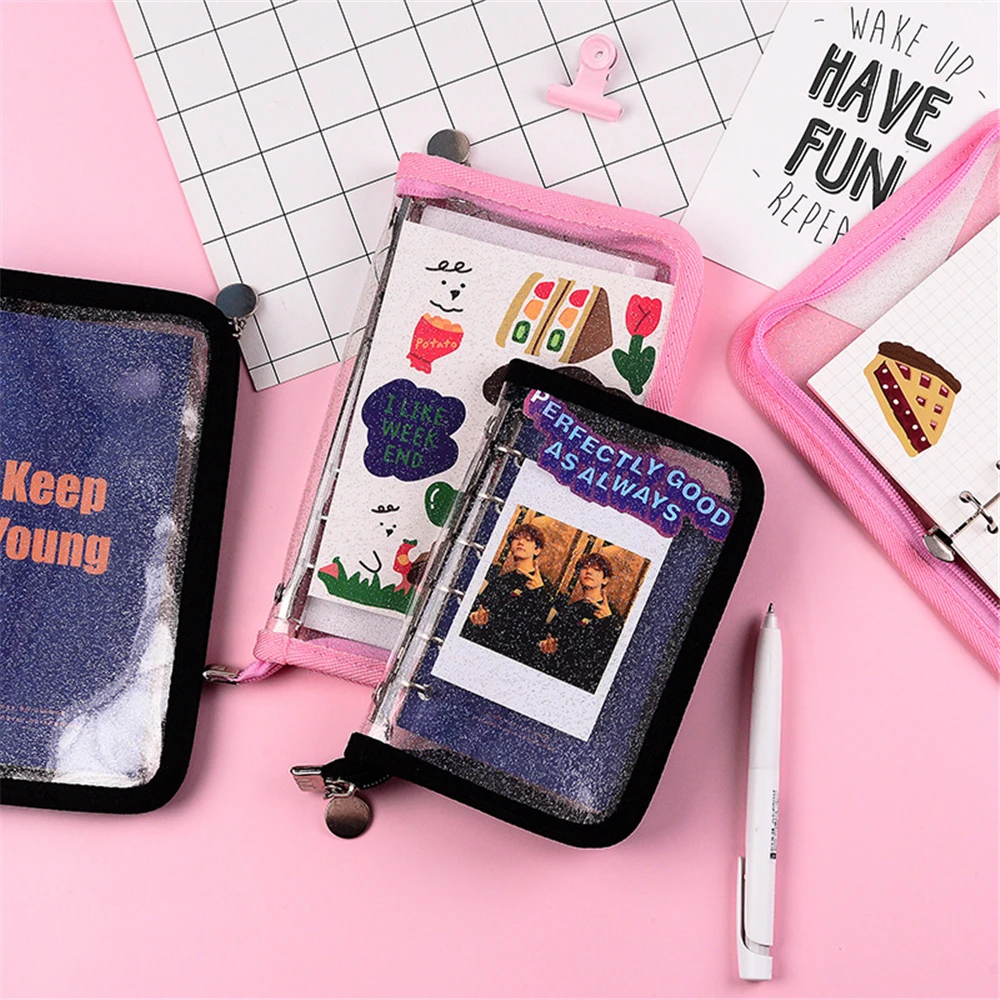 A6 A7 Refillable Journal Zip Binder Glitter PVC Cover Planner Shell Black Pink Edge Banding 6 Rings Loose Leaf Case with Zipper