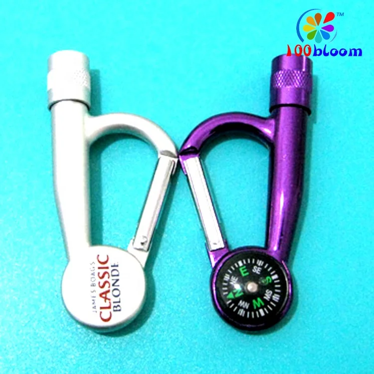 Factory wholesale 9cm aluminum led compass carabiner clip promotional key chain light led flashlight torch