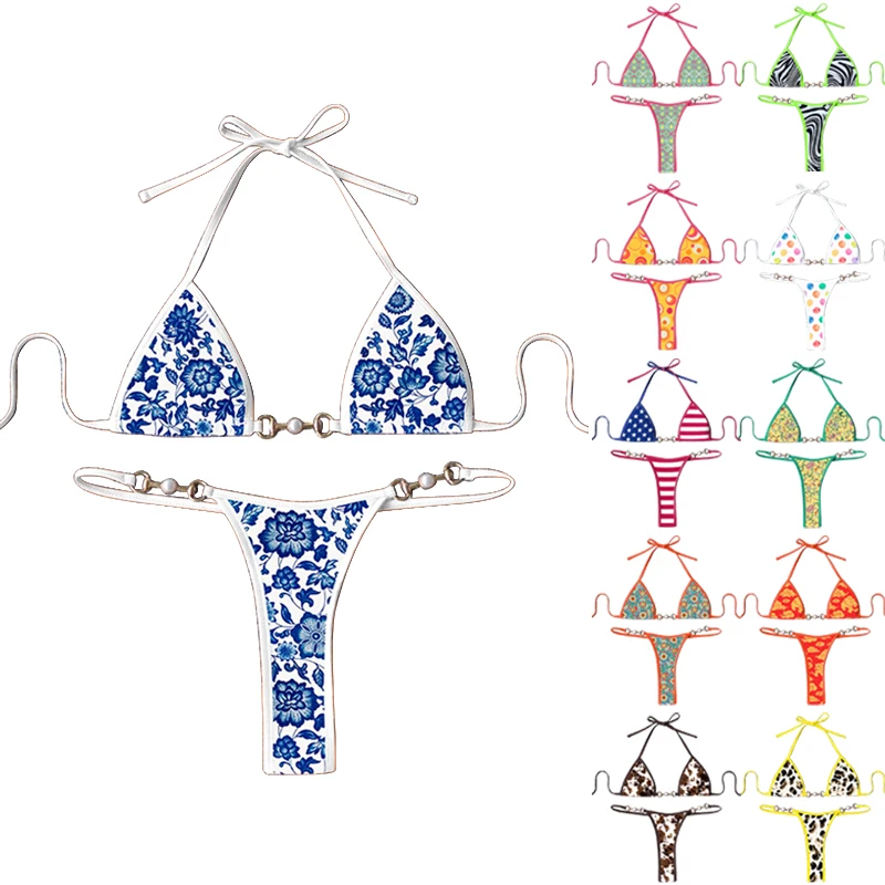 Beautiful Photos Xxx 2024 Bikini Blue Sexy Open Bikini Two Piece Factory Custom Triangle Swimsuit Women Halter Swimwear