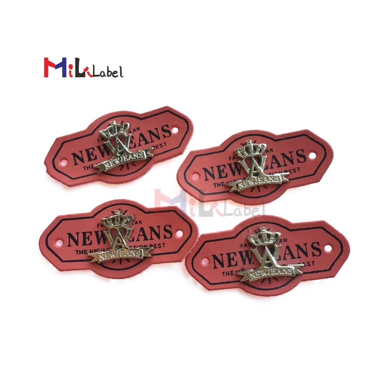 Wholesale custom design leather patch with metal tags leather label with metal label for hat bags shoes clothes