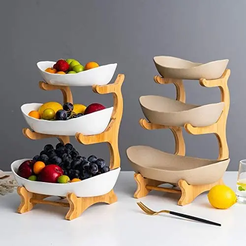 Large Capacity Dried Fruit Basket Display Stand Candy Snack Ceramic Dish 3 Tier Bamboo Shelves For Vegetable And Fruit
