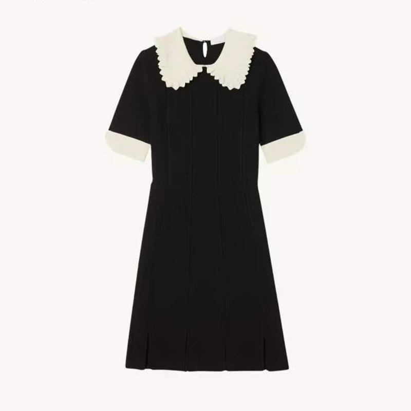 Трикотаж производители пользовательские 2023 лето черного цвета с воротником в кукольном стиле с коротким рукавом свитер трикотажное женское платье миди