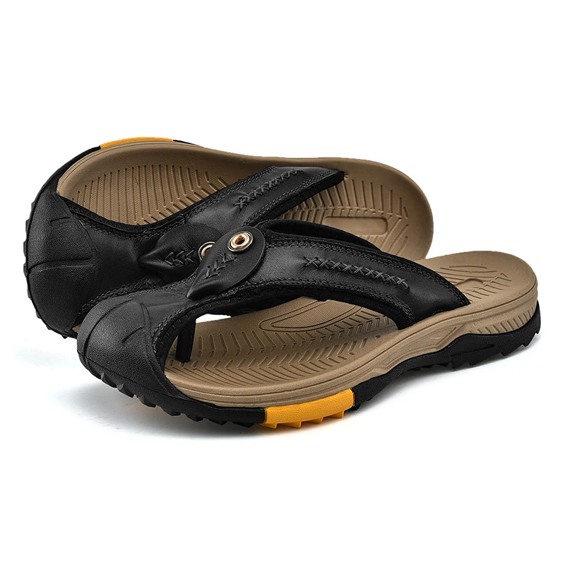 Custom Fashion Men Sandals Leather Slippers Genuine Cow Leather for Men Size 38-46 EVA Polybag Solid Summer Slippers 1 Pair