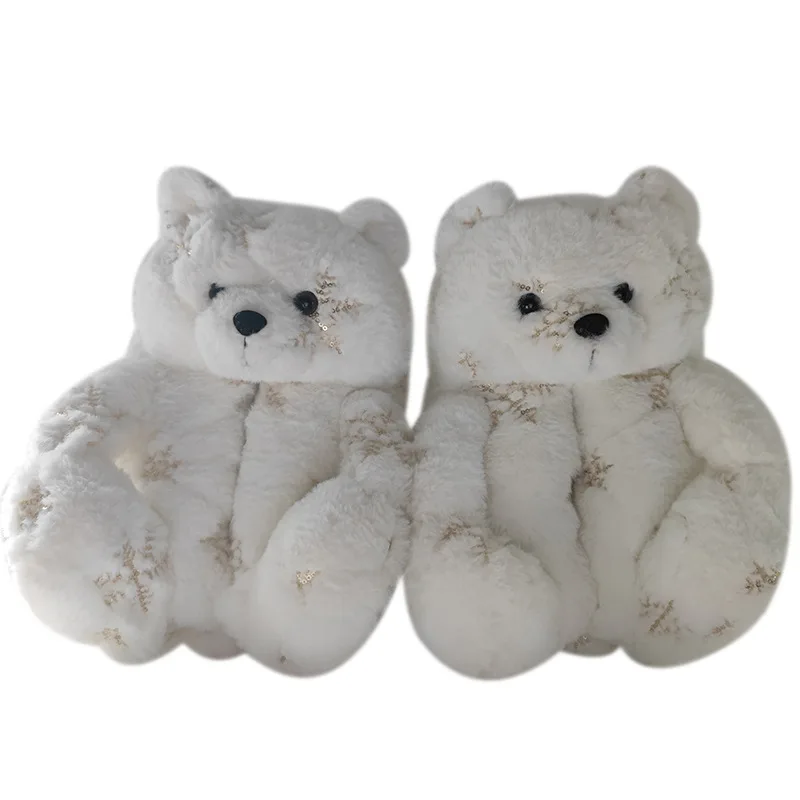 Women Teddy Bear Warm Home House Indoor Slippers Mens Animal Christmas Snowflake Sequin Fluffy Slipper Shoes Anti-Slip White