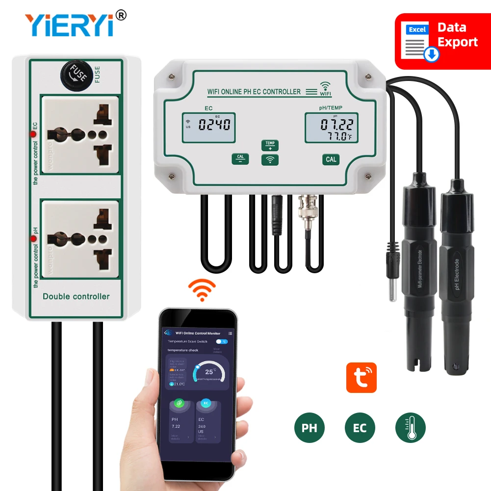 Tuya wifi online EC monitoring controller ph meter with data logger function hydroponic water quality monitoring tester