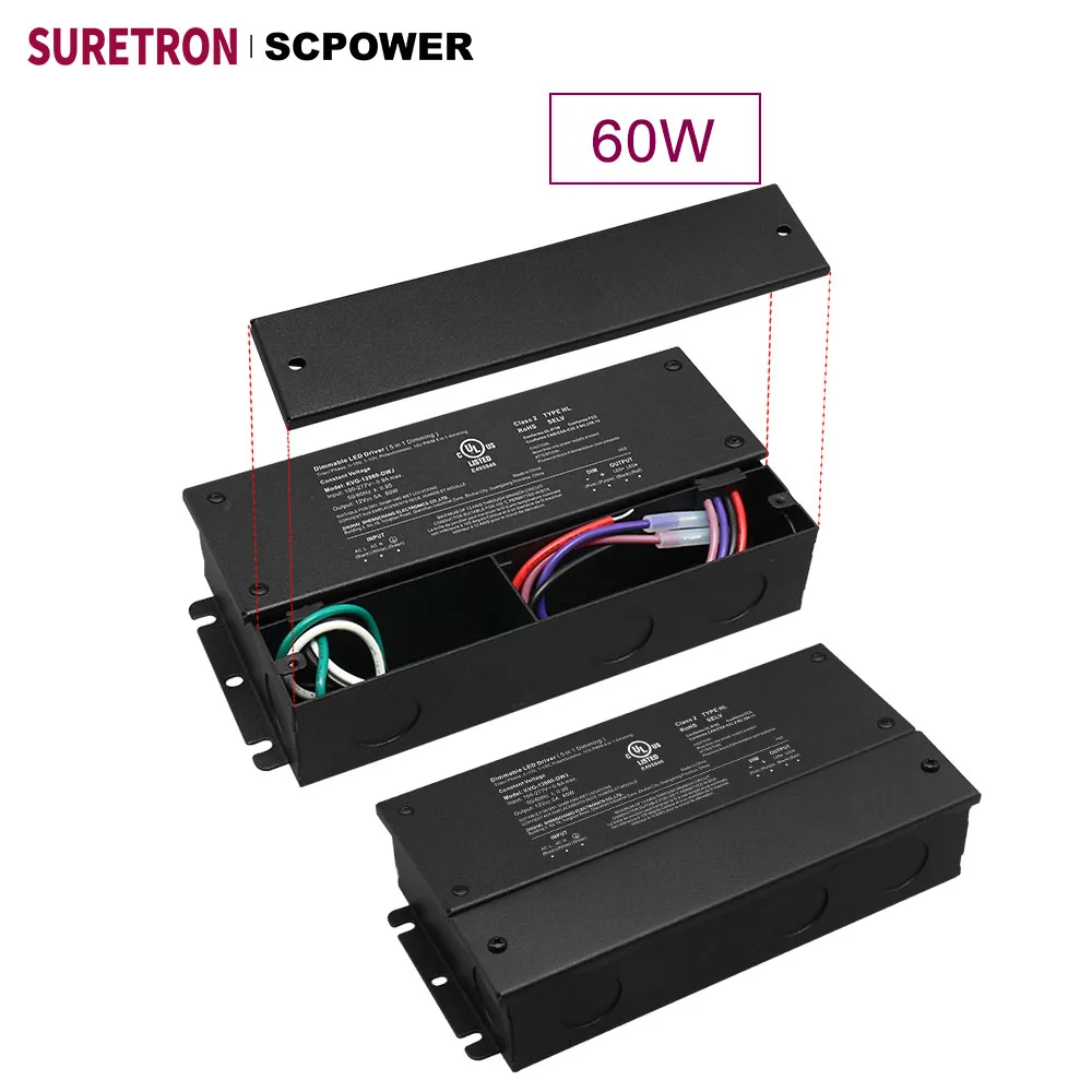 Triac 0-10V 1-10V Dimmable Power Supply Driver Constant Voltage Waterproof 60 Watt UL LED Driver 12 24 36 48 volt