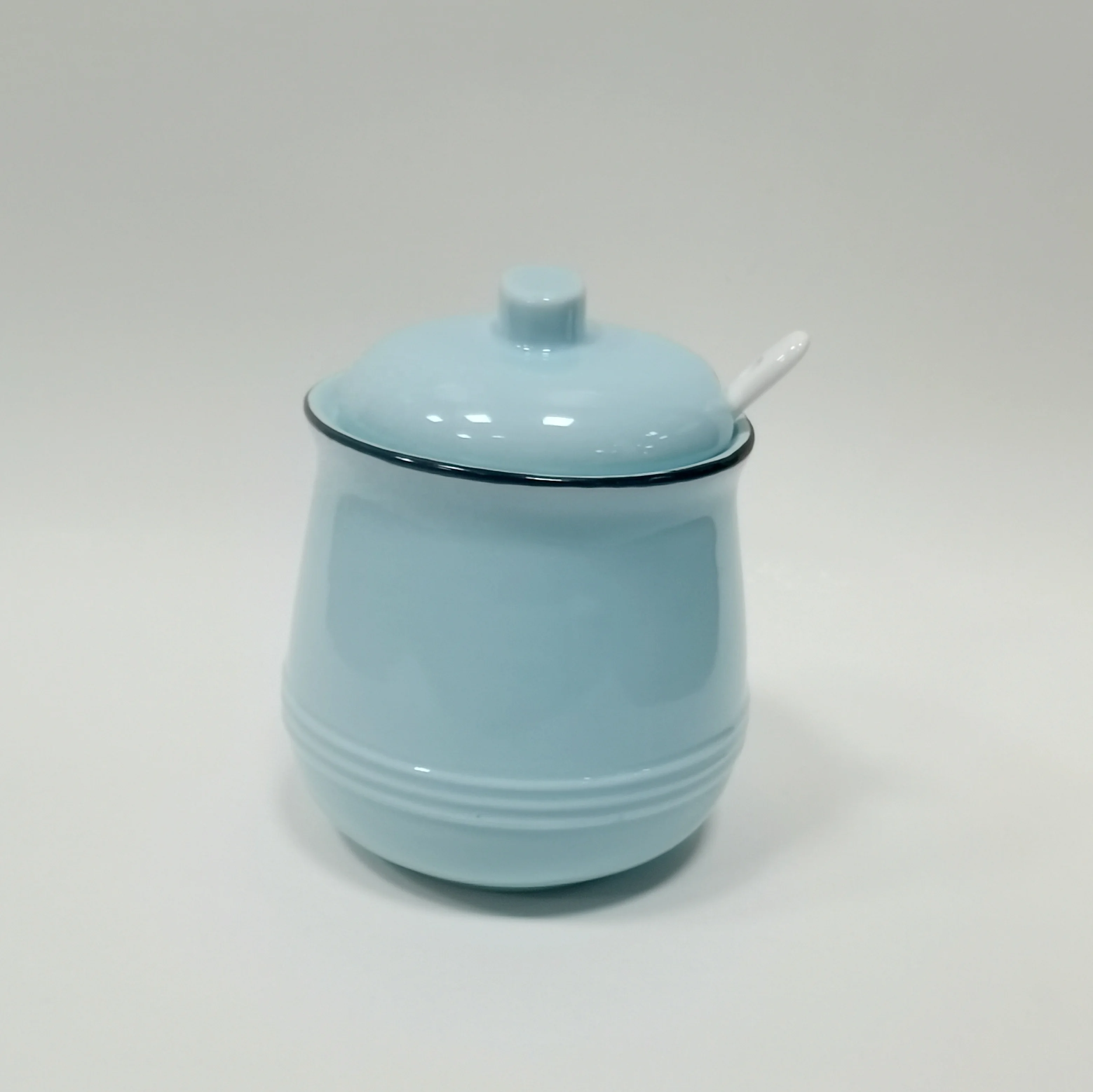 Kitchen Stylish Ceramic Porcelain Sky Blue Sugar Pot with Spoon Set for Sale Dehua Factory Direct
