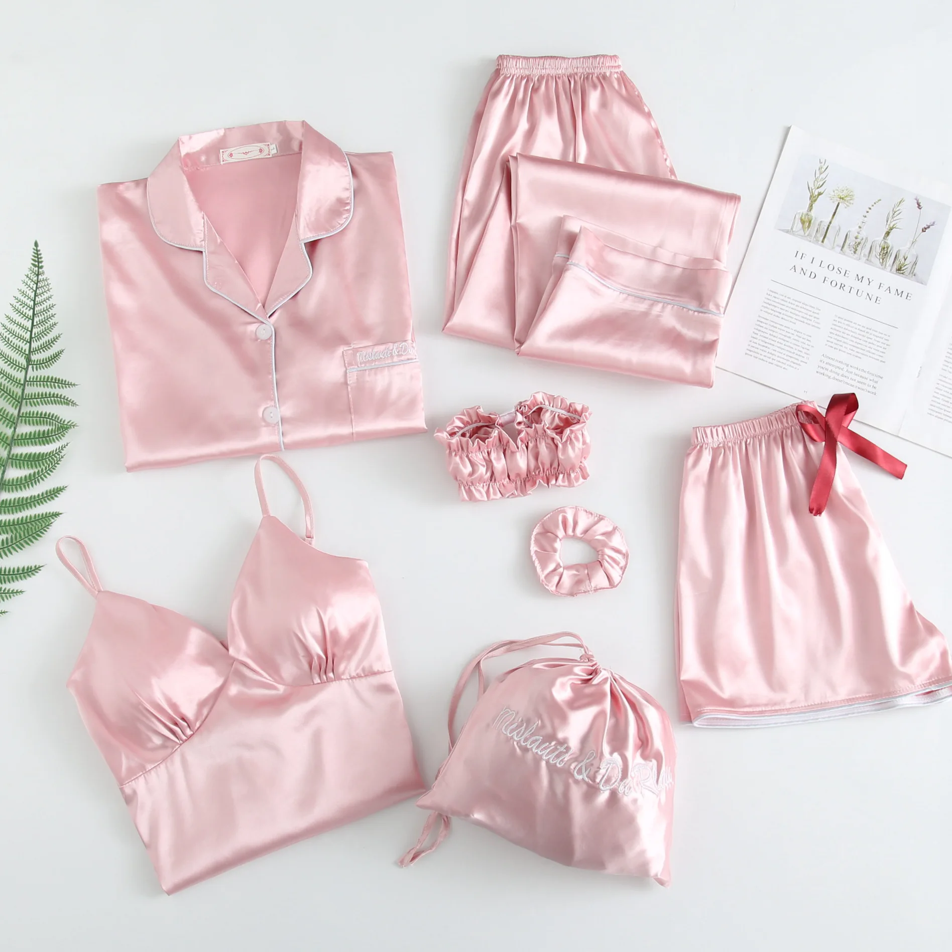 Wholesale Long Sleeve Silk 7 Piece Satin Sleepwear Pajamas Sets  for Women