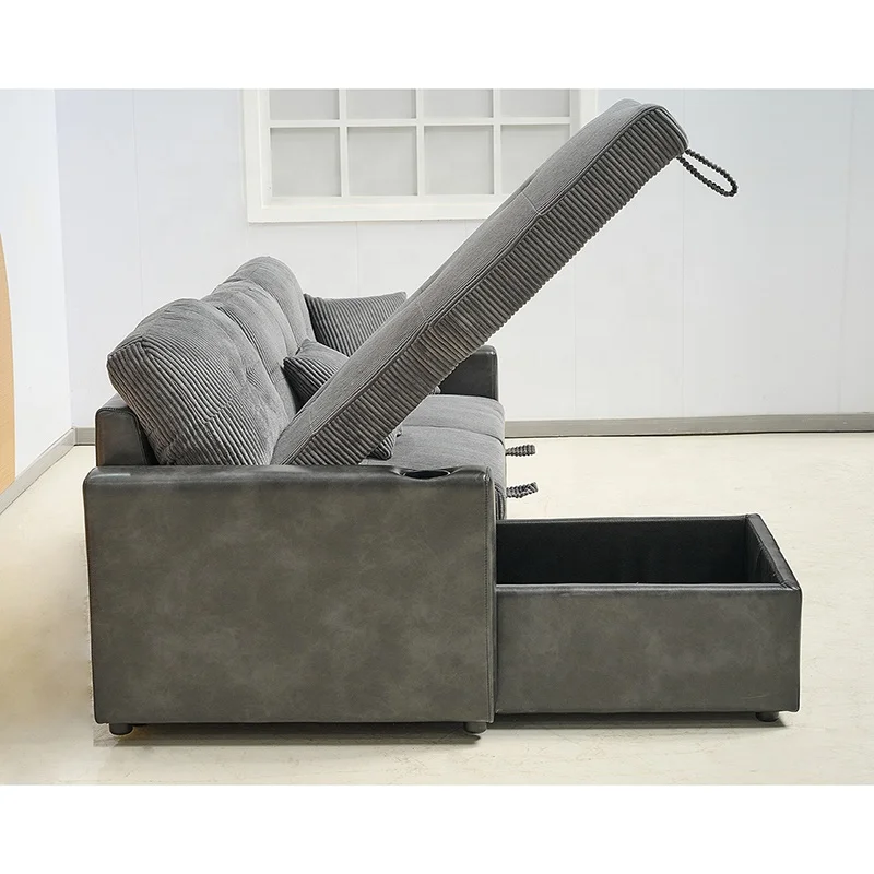 Corduroy Fabric And Synthetic Leather  Upholstered Sofa Bed Living Room Sofa Bed With Cupholders Foldable Sofa Couch Furniture