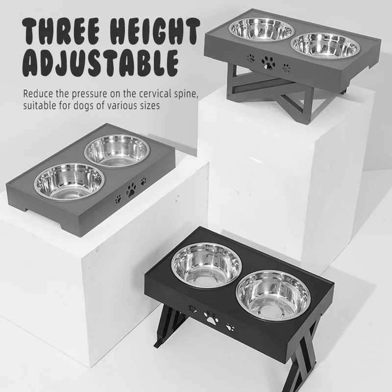 OKEYPETS Double Pet Water and Food Bowl Feeder Adjustable Elevated Stainless Steel Pet Feeder with 2 Bowls