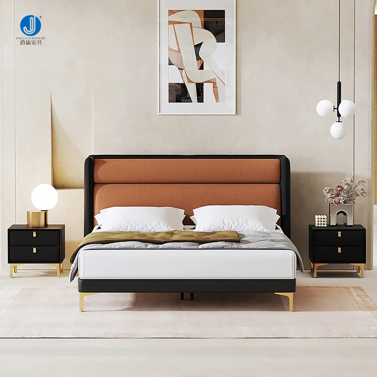 China Style Bedroom Furniture Double Bed Latest Bed Sat King Size Browne Color Flannel Wood Bed