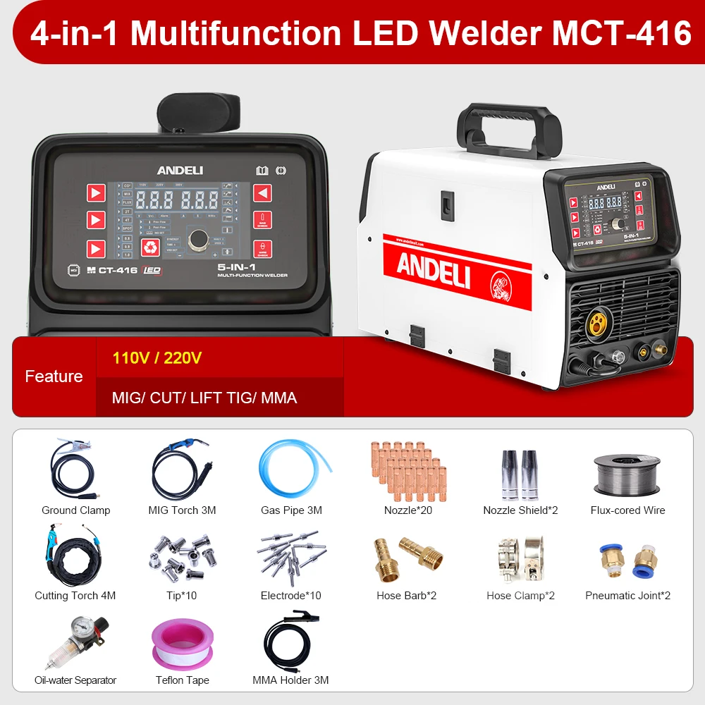 ANDELI  200Amp 110/220V Dual Voltage 4 in 1 Flux MIG/Solid Wire/Lift TIG/Stick Arc Welding Machine