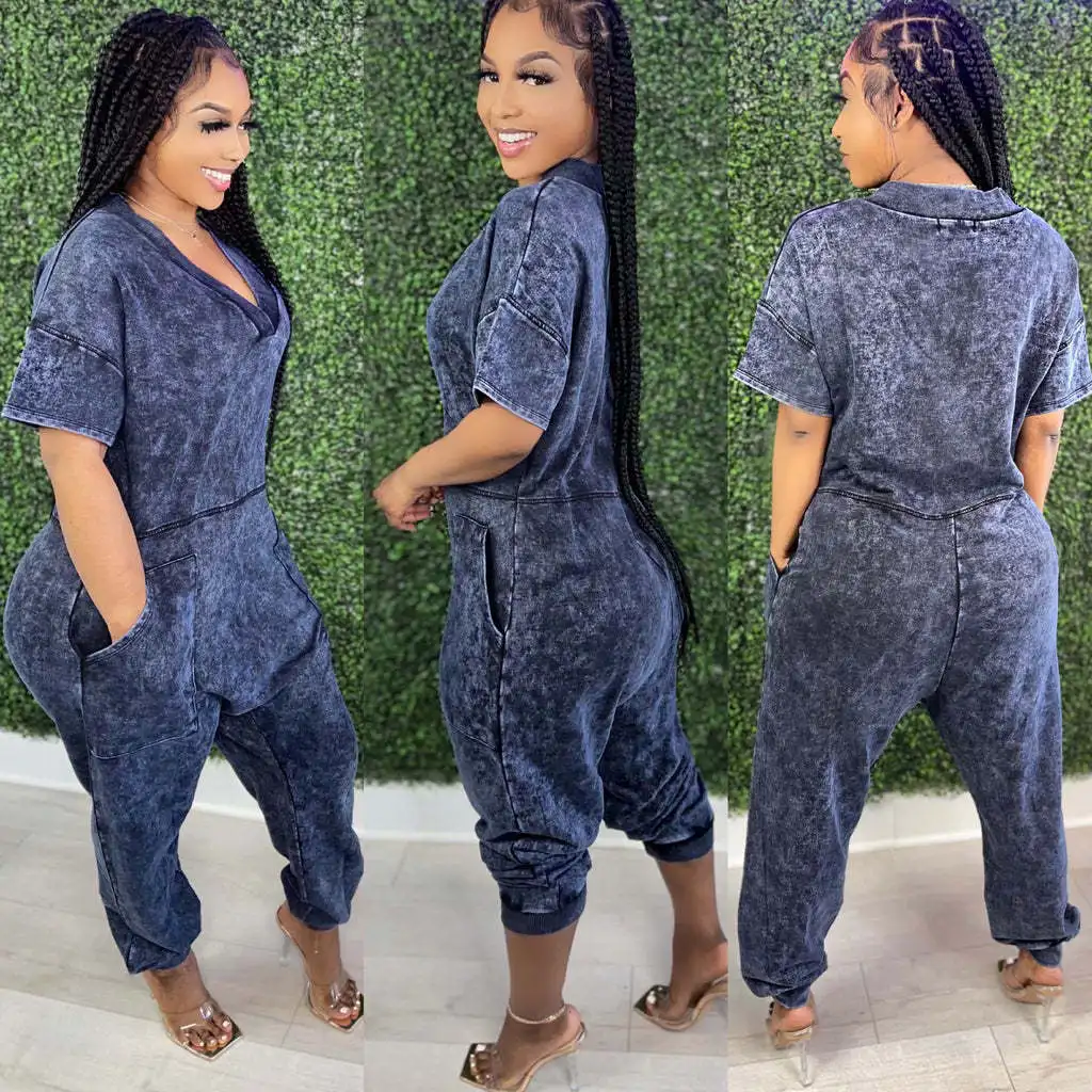 MDJP04-2202 2022 New Product Tie Dye Rompers Comfortable Loose V Neck Short Sleeve Women One Piece Sets Jumpsuits