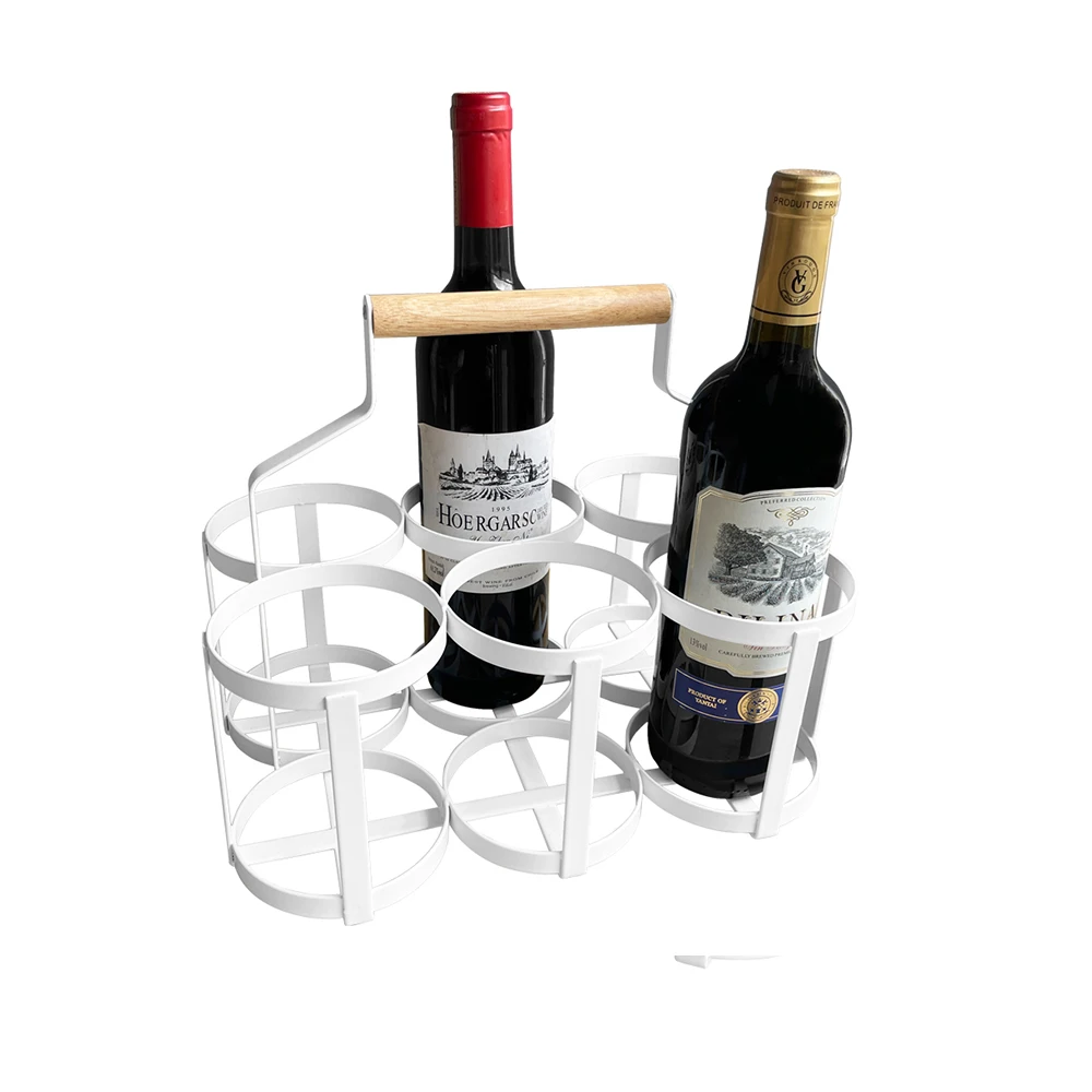 Multifunctional White Metal On-the-go Wood Handle Metal Holder 6 Packs Wine Bottle Carrier For Wine And Bottle
