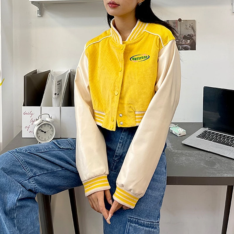 Custom New Yellow Corduroy Vintage Letter Embroidered Crop Varsity Jacket For Women