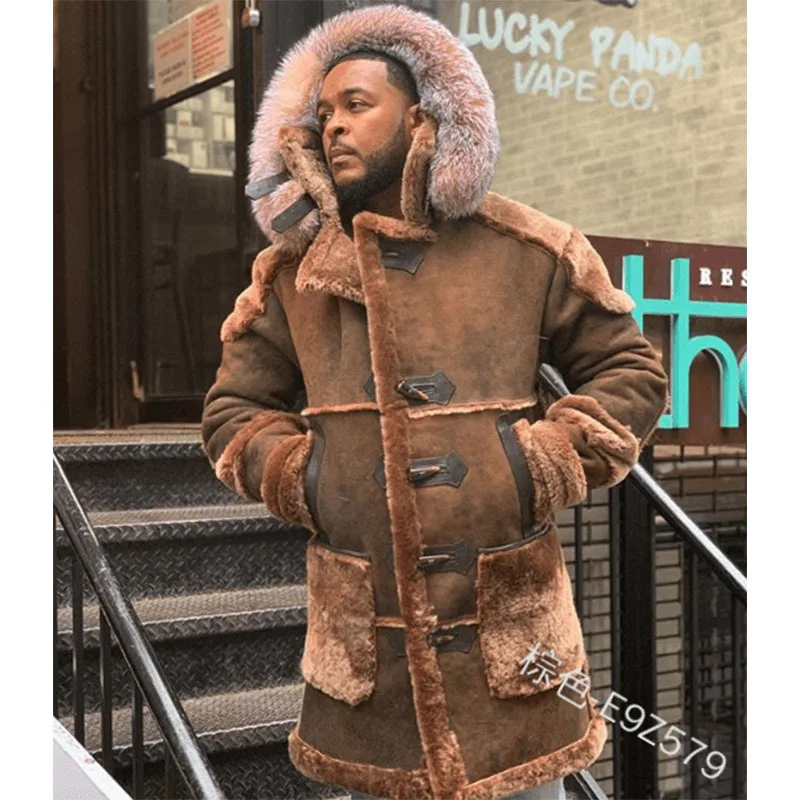 JL248 Wholesale Winter Leather Down Coat Thick Mid-Length Hooded Faux Fur Collar Fox Fur Coat Men Plus Size Fur Coat