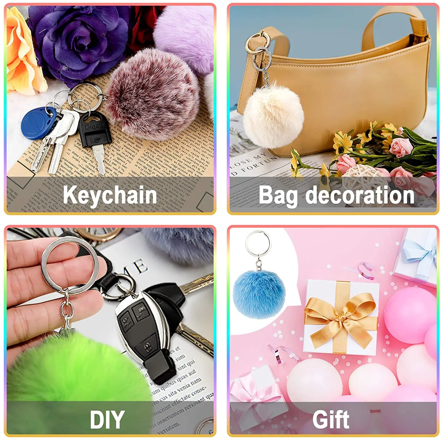 Soft Hand Feeling real fur Multi Color Mini Shaped Rabbit Heart Faux Fox Fluffy Puff Ball Fur Pom Poms Keychain Set