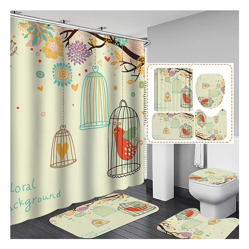 
4PCS Flower Shower Curtain Set with Carpet Bath Mat Modern Bathroom Curtains 