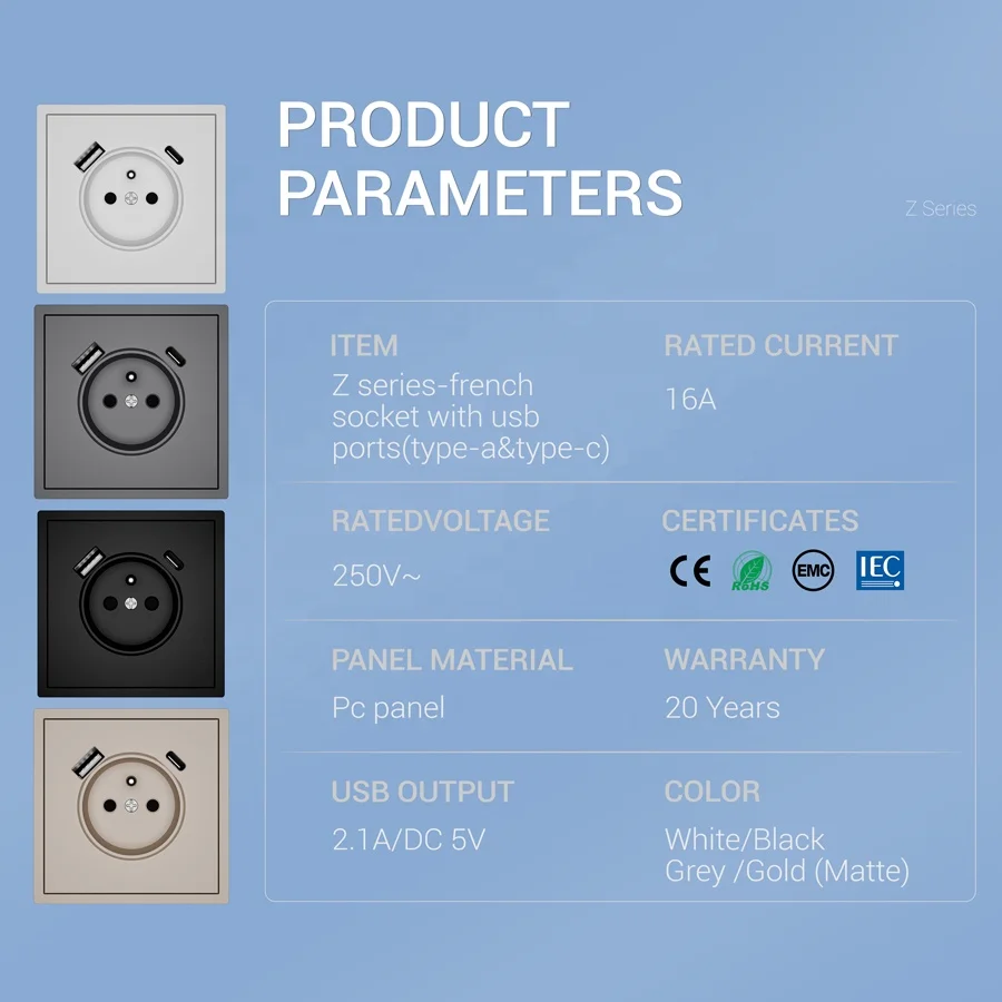 EU Standard Square Black Color Wall French Socket USB-C Electrical Wall Switch Socket with USB Charging Ports Type A+C