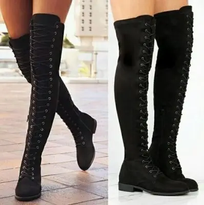 B22980A Europe fashion Plus size Cross lace-up thigh boots shoes Side zipper boots
