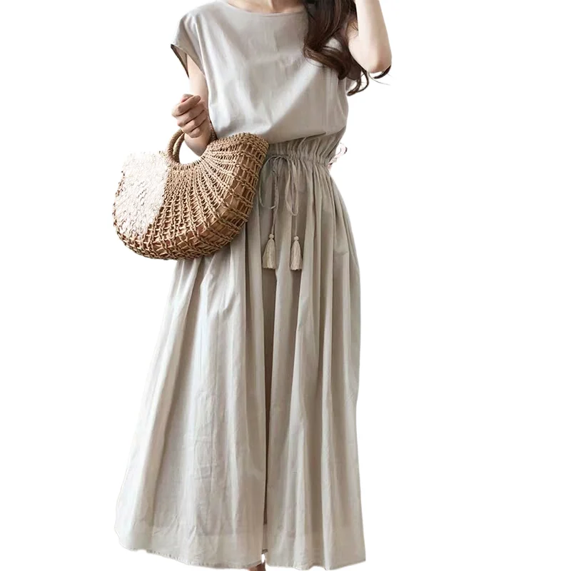 Short Sleeve O Neck Retro Clothes Long Maxi Women  Linen Dress Summer Hot Sale Natural Linen Solid Color