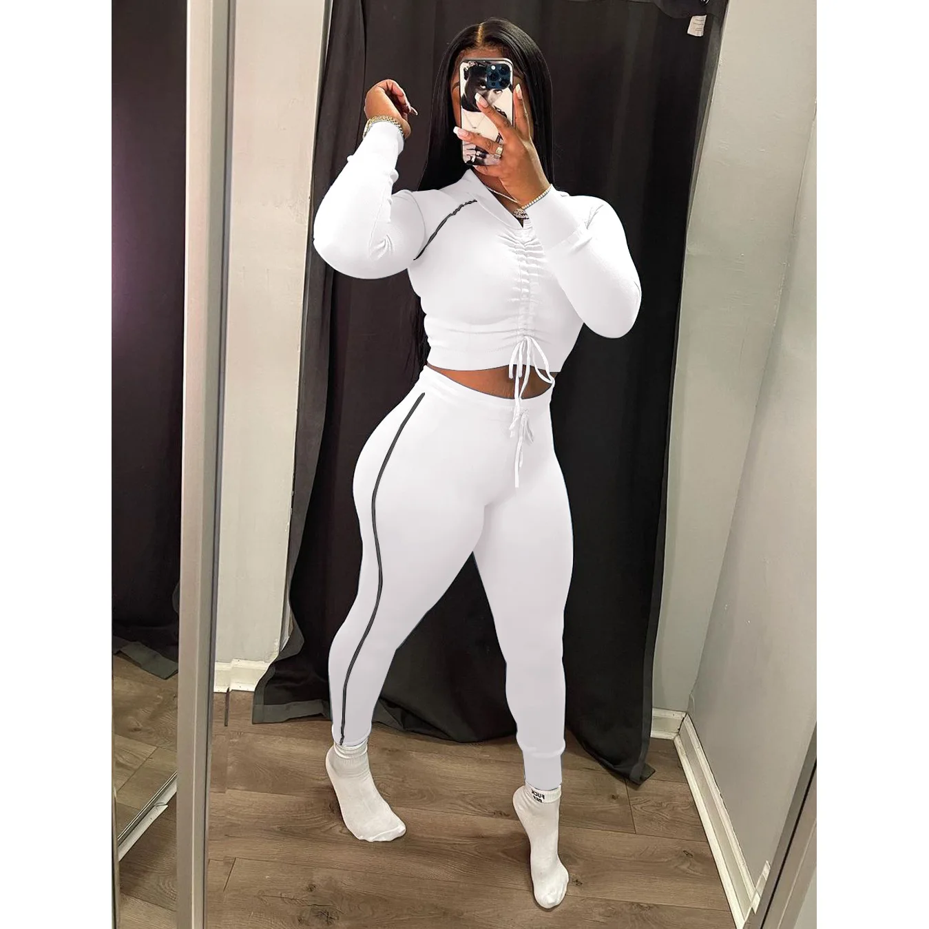 2021 New Fall Solid Drawstring Hooded 2 Piece Set Stretched Tight Sport Suit Women Casual