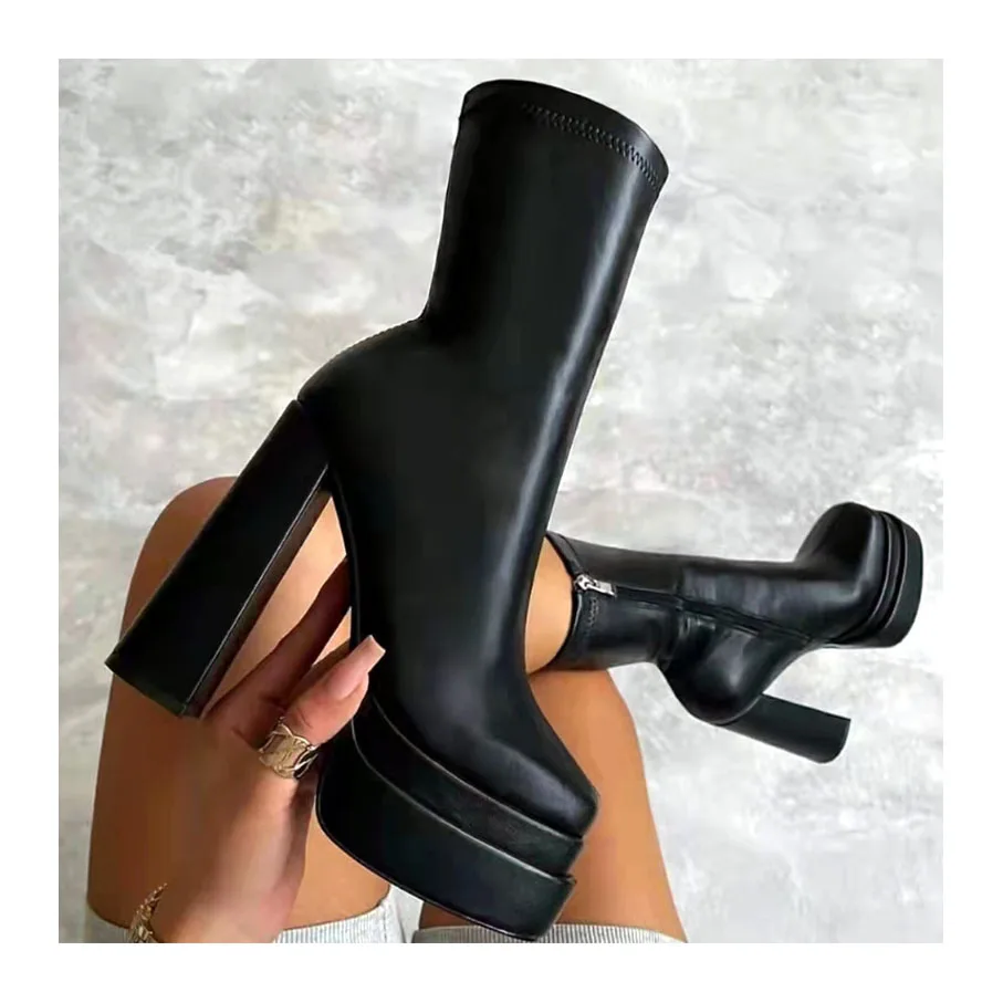 S379 New high-heeled waterproof platform thick-soled large-size short boot shoes skinny knight side zipper leather boots