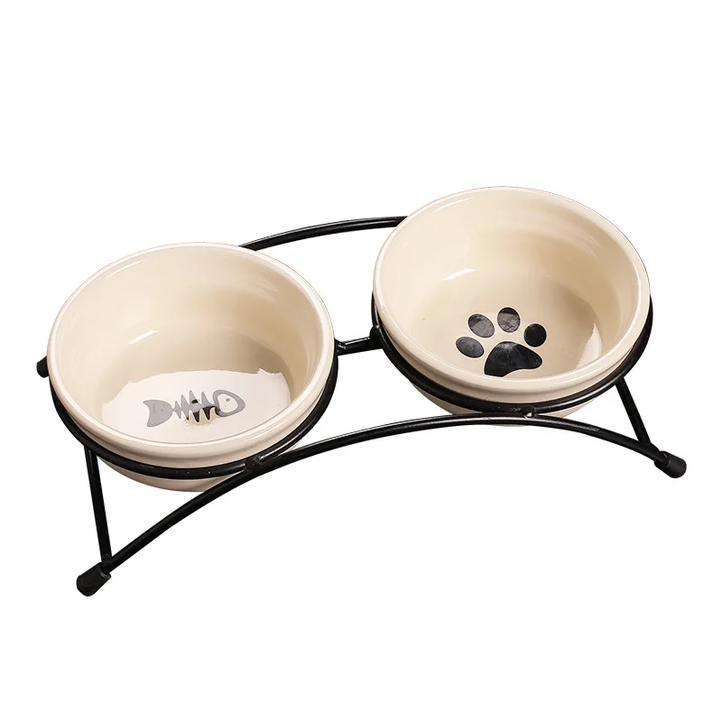 Pet supplies dropshipping Bracket fixed double pet bowl Cute pattern cat and dog food bowl