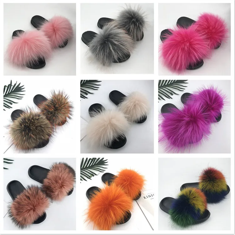 Factory Wholesale PVC Slides Ladies Raccoon Fur Slippers Women Soft Fur Slides