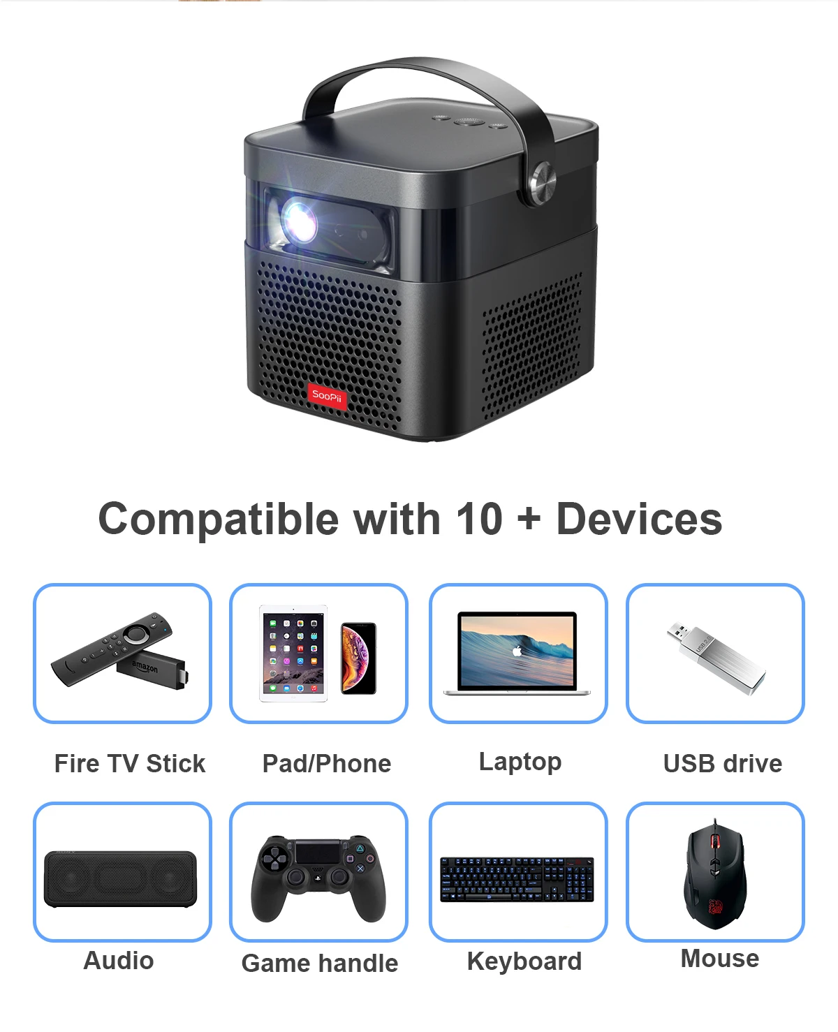SooPii V3 DLP Projector, Portable 4K Home Theater Projector, 350 ANSI lumens 960*540P Android 9 BT Speaker HIFI Stereo Player