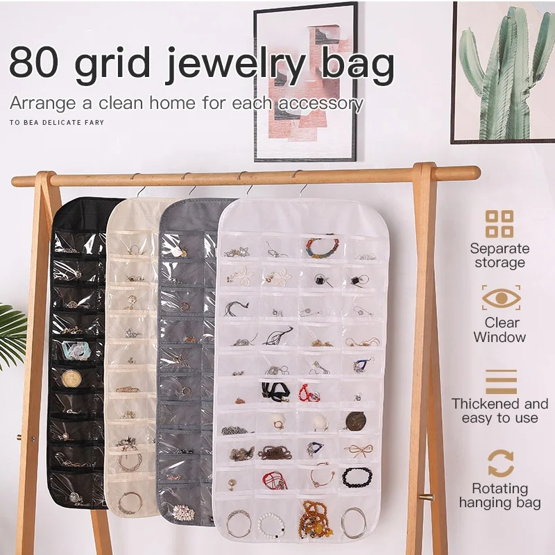 Two-sided 80 Pockets Hook Type Jewelry Pouch Storage Bag Wall Door Hanging Storage Organizer for Earrings Necklace