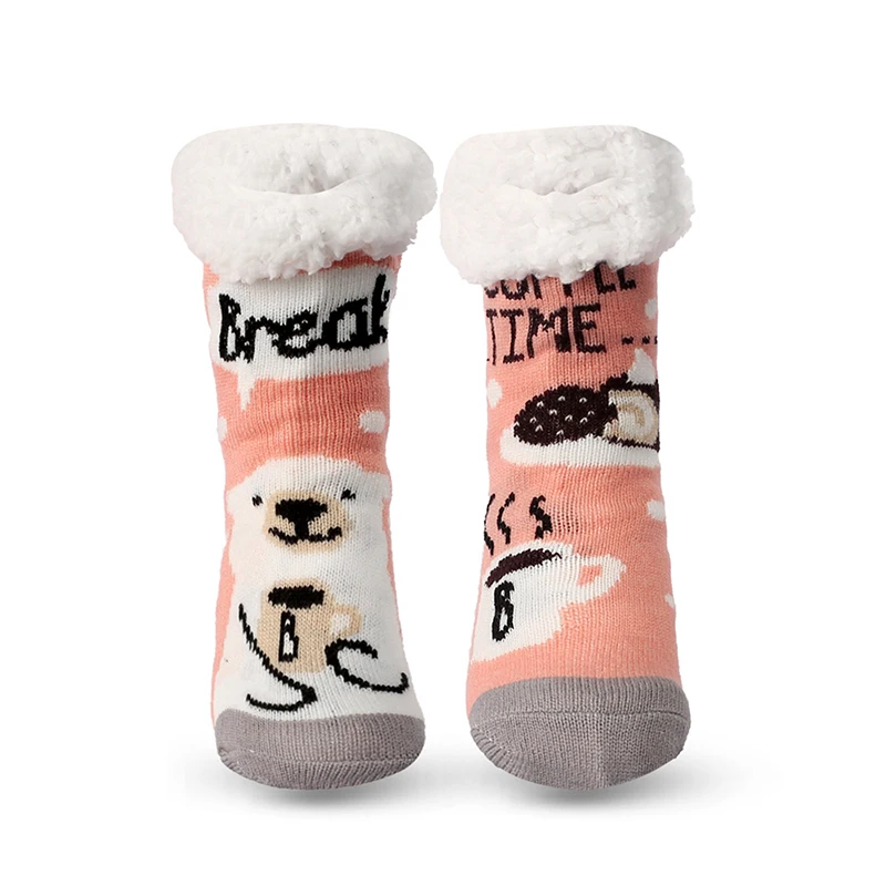 Милые пушистые хлопковые носки с мультяшным рисунком, теплые носки для сна для девочек, теплые зимние домашние носки с флисовой подкладкой