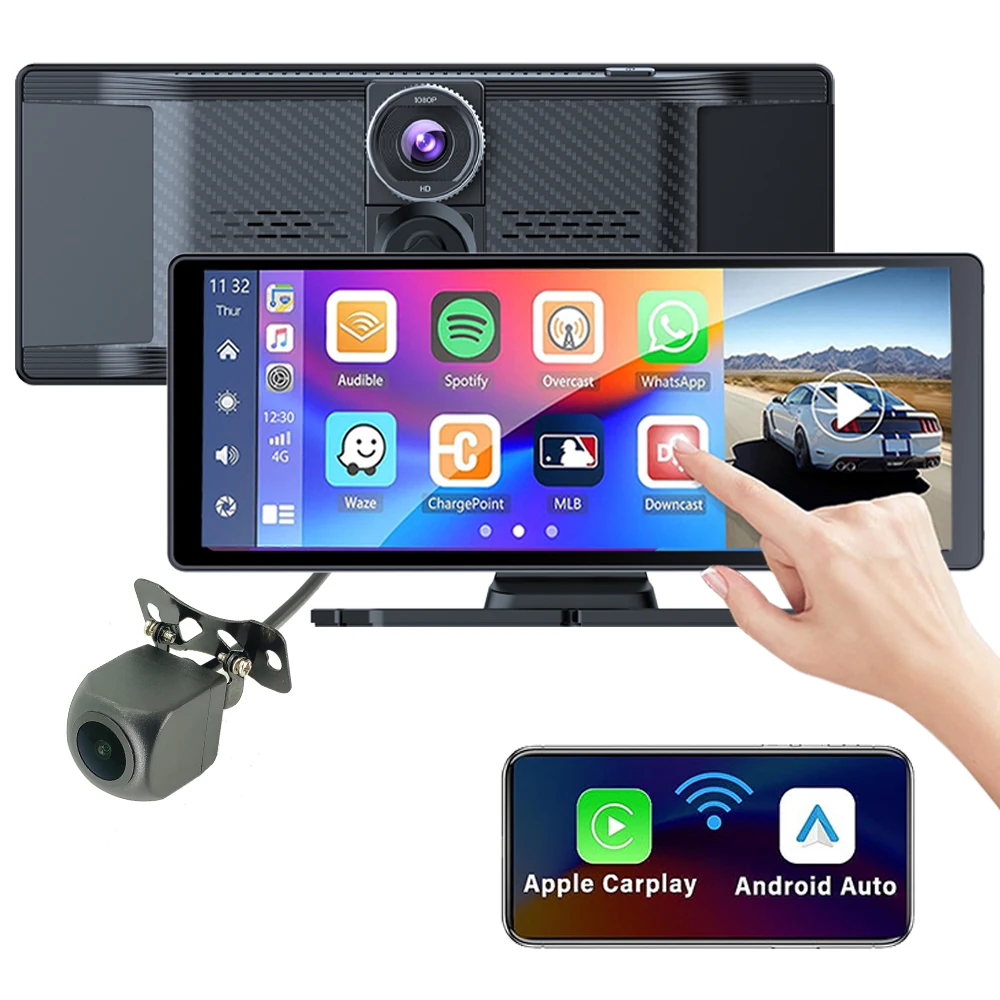 Wireless Portable Carplay Screen for Car 10Inch Carplay Android Auto Car Touch Screen with 4K Dash Cam Backup Camera  Navigation