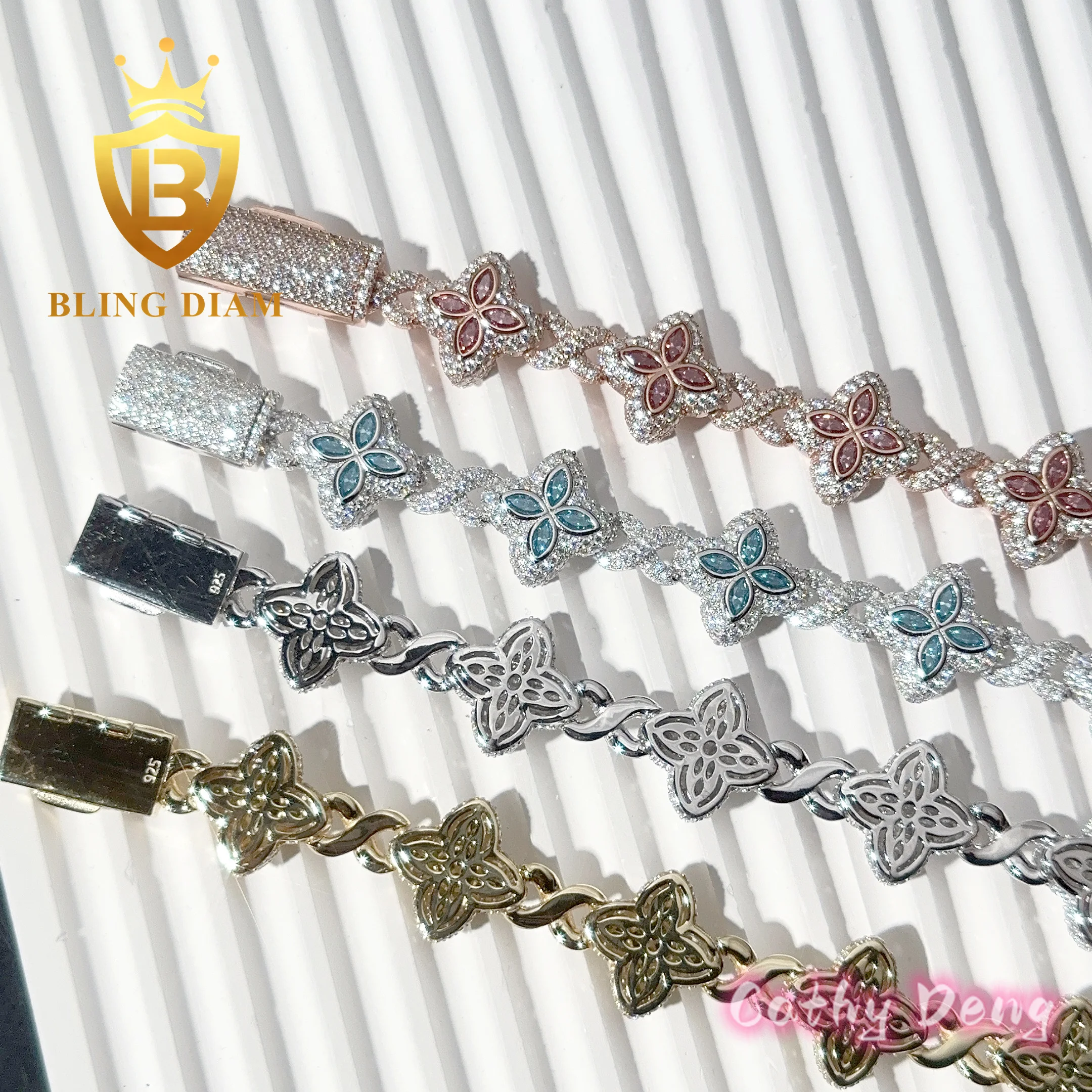 925 Silver Hip Hop Jewelry Marquise Cut Flower Moissanite Cuban Link Chain Bracelet for Men and Women Pass Diamond Test