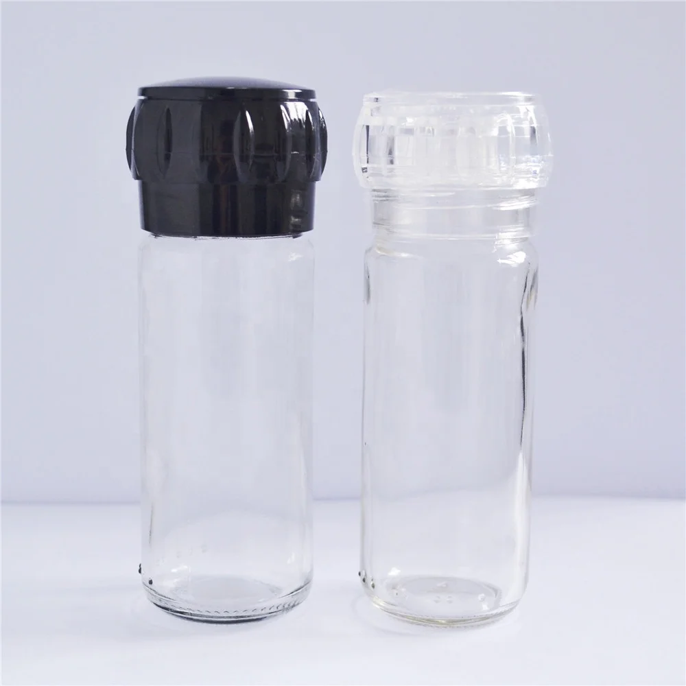 wholesale black small manual plastic salt and pepper grinder set spice mill with 100 ml glass spice jar