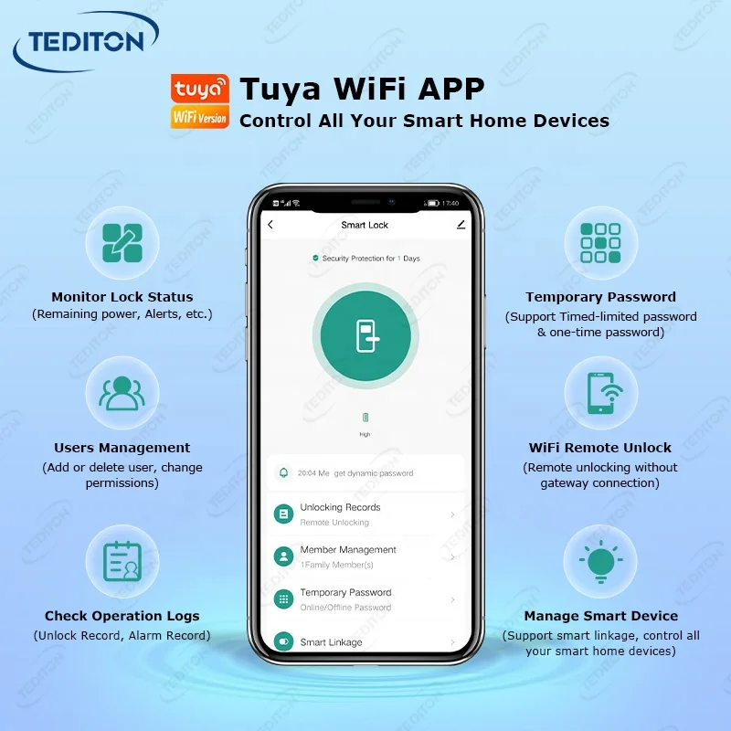 Tediton Waterproof Tuya WiFi Control Smart Digital Aluminum Lock Electronic Fingerprint Smart Lock Door