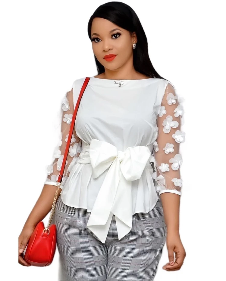 Autumn Spring New Slim Waist Lace Up O Neck Patchwork Mesh Flare Long Sleeve Appliques  Women Elegant Shirt Slim Short Blouse