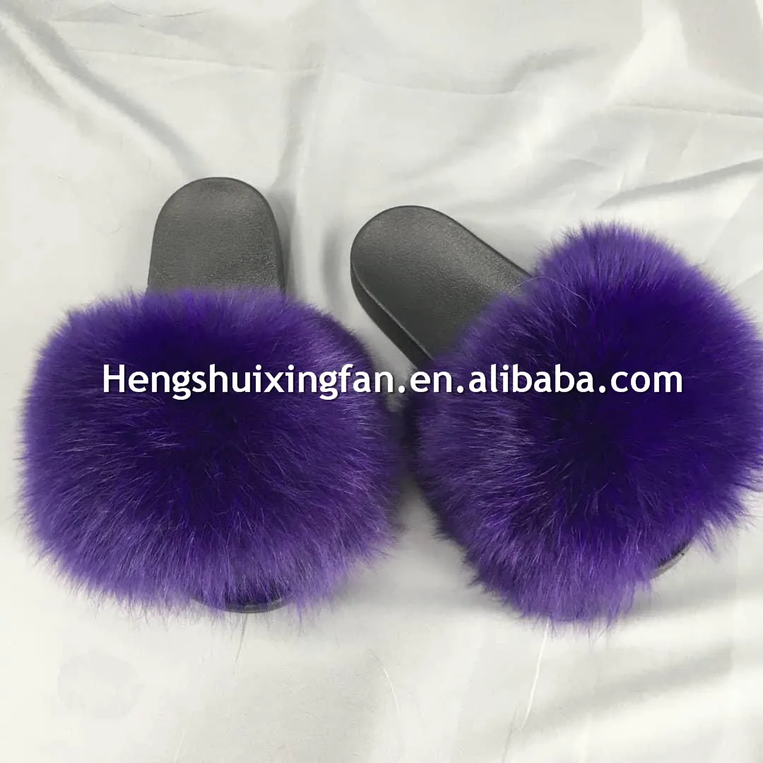Women home furry fox  fur sliders shoes wholesale/ sandal fur