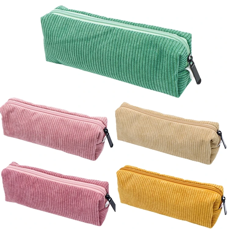 Pencil Case Pouch Corduroy Pen Holder Soft Stationery Storage Bag with Black Zipper Pull for Office Supplies Desk Accessories