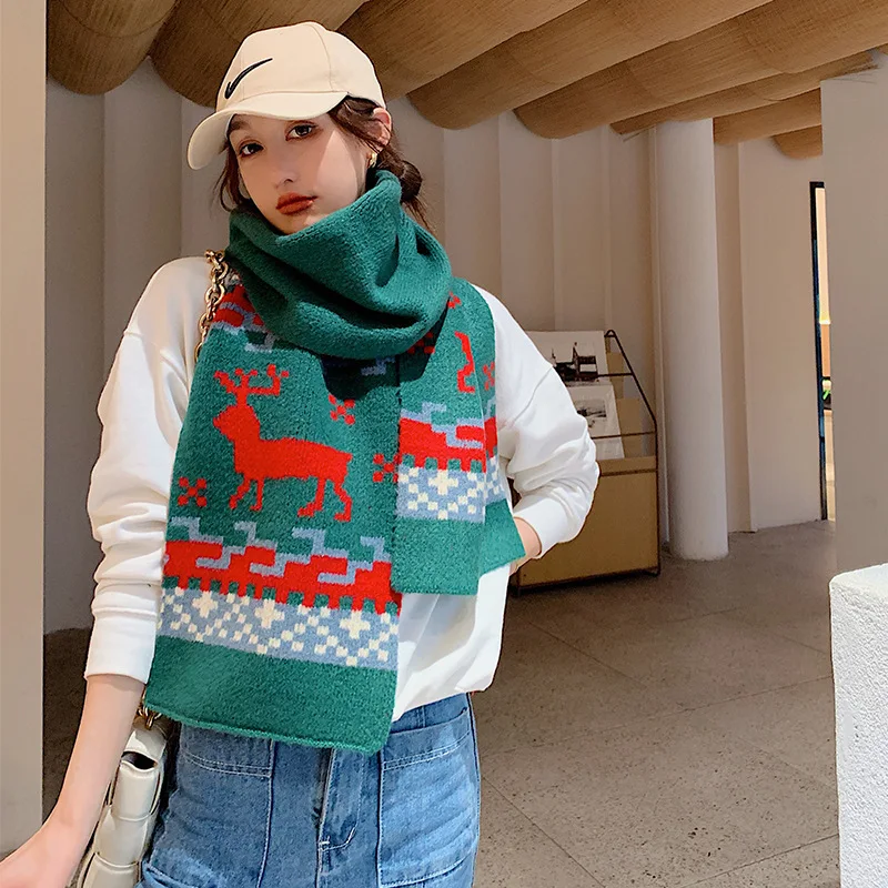 2021 autumn winter Korean new Christmas elk warm scarf women thickened long knitted