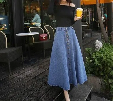 New style single-breasted denim skirts mid-length high-waisted thin large a-line long skirt for women
