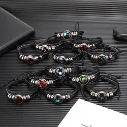 V&R 12 Zodiac Luminous Constellations Bracelets beaded Handmade Charm Punk Rock Braided Men Leather Bracelets