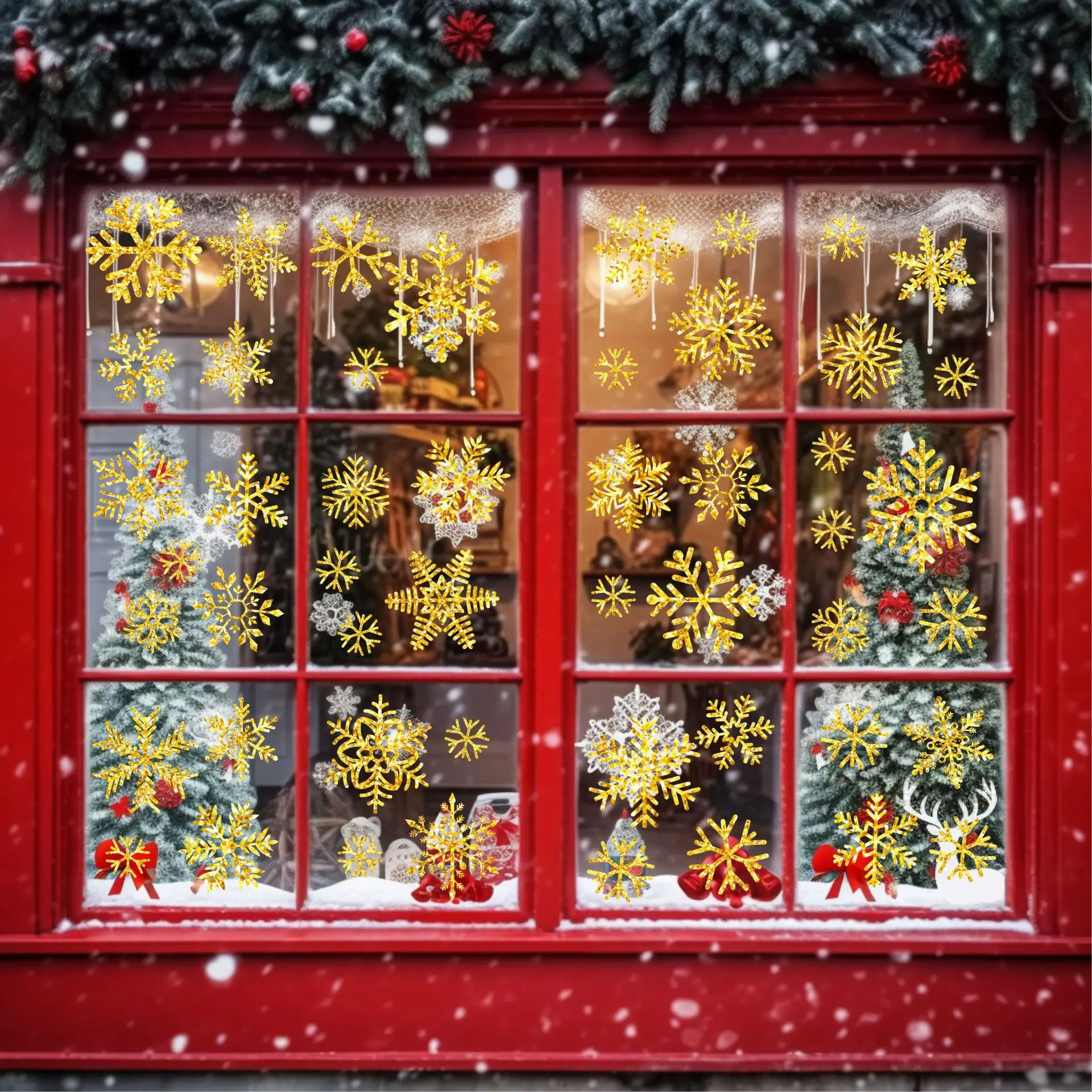 Christmas Snowflake Glitter Gold Silver Electrostatic Adsorption Holiday Decorations Celebrate Shopwindow Custom Window Sticker