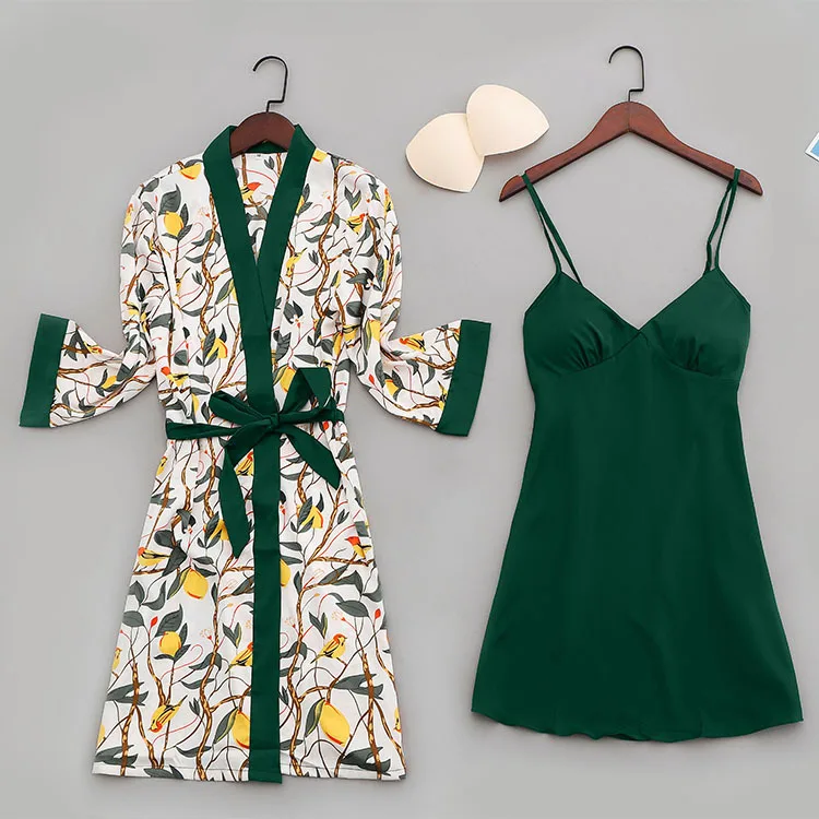 Wholesale Long Sleeve Printed 2pcs Silk Satin Nightgown and Robe Women