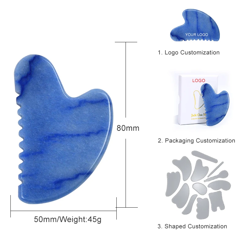 Jade Gus Sha Facial Massager Real Natural Blue Aventurine Anti-aging Guasha Tool Private Label Face Gua Sha Stone With Teeth