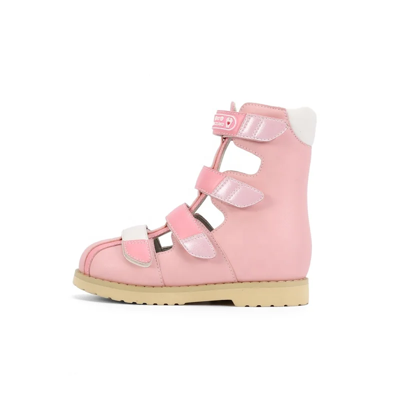 High ankle kid girls printing leather orthopedic safety shoes summer sandals for flat foot and club foot