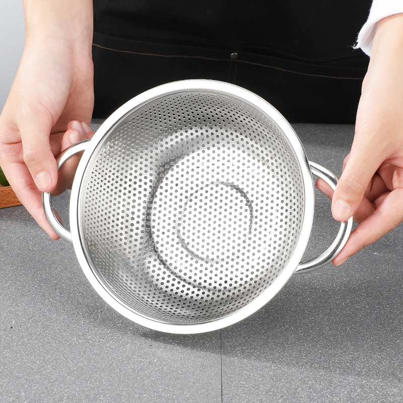 Kitchen Colander Fruit Bowl Basket Food and Vegetables Holder Stainless Steel round Sink Drain Basket with Double Handle