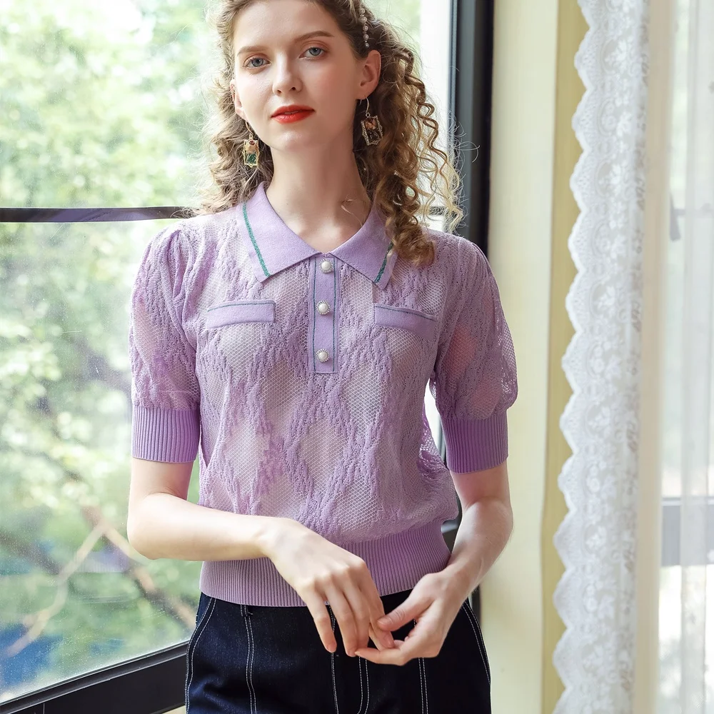 Womens Short Sleeve Knitted Blouse Mesh Baggy Casual Purple Contrast Turndown Colla Pullover Tops