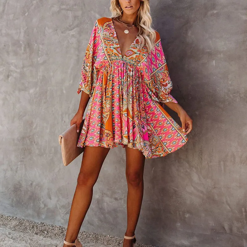 Boho Dress Women Bohemian Floral Printed Vintage V Neck Beach Party Chiffon dresses