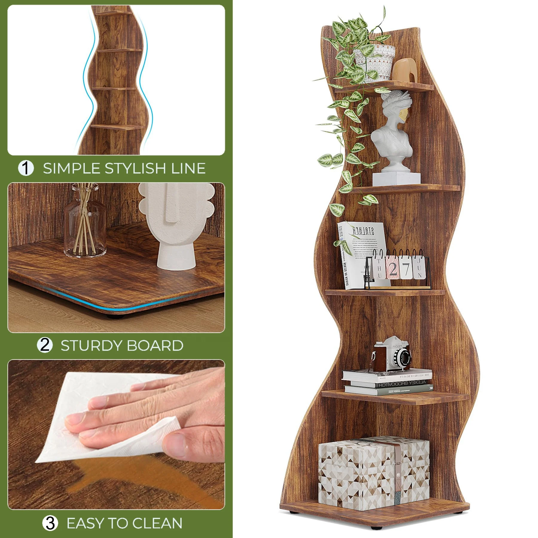 triangle rustic small bookcase plant stand 5-Tier corner bookshelf wood corner shelf book shelves storage rack for Living Room